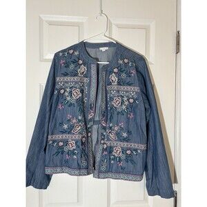 J Jill Embroidered Denim Jacket Medium Spring Boho Light Minimalist art